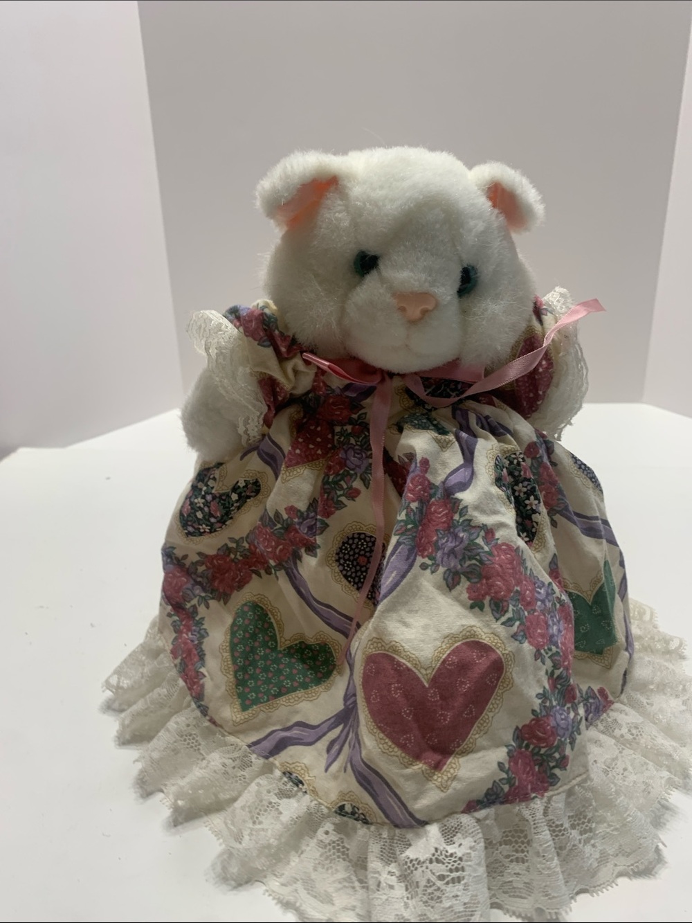 Plush White Bunny in Heart-Print Lace Dress